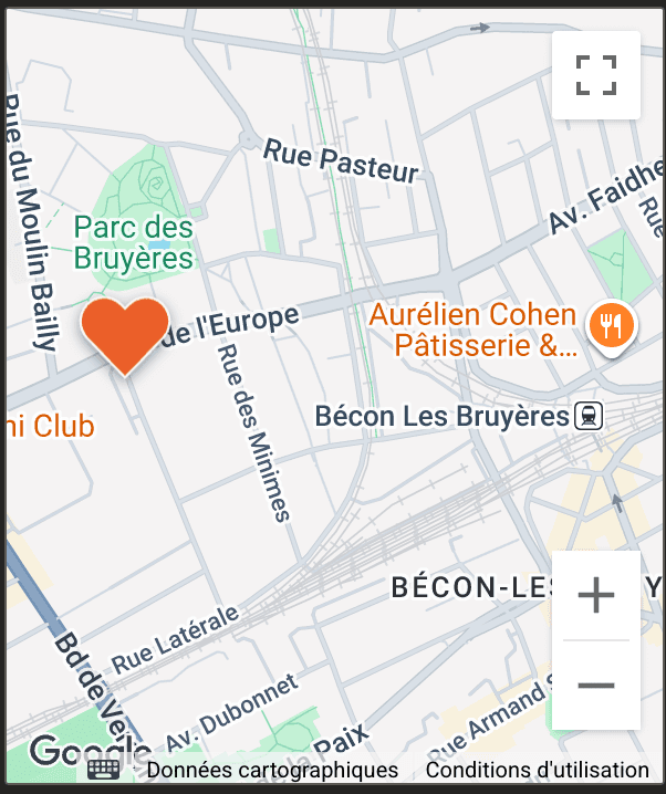 Plan du quartier : le studio est signalé par un cœur orange, rue du Moulin des Bruyères, à quelques minutes à pied de la gare de Bécon-les-Bruyères. Fond de carte Google.