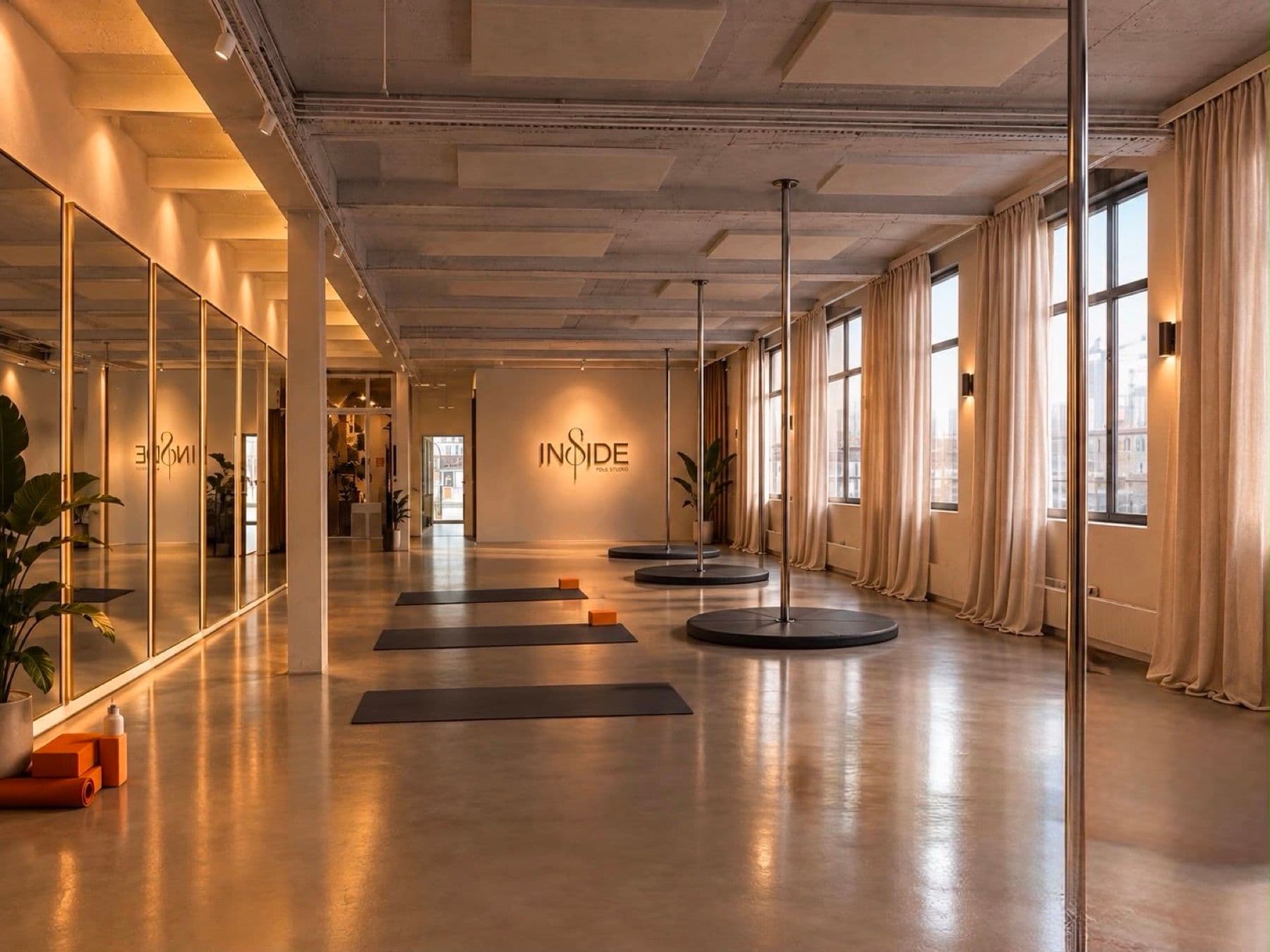 Projection du studio : la salle vers le mur au logotype Inside, miroirs à gauche, barres et tapis au sol.